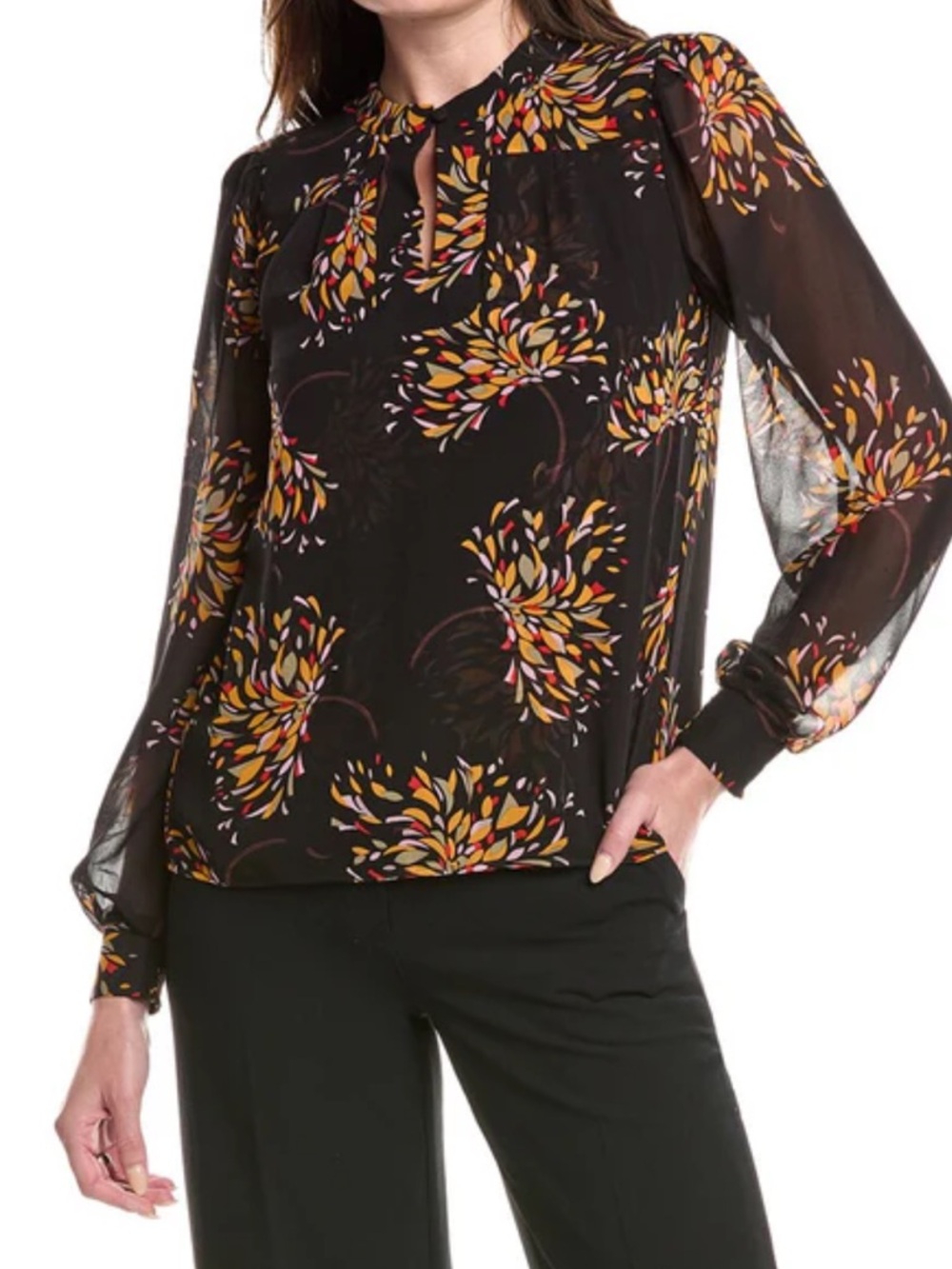 CAbi Black Floral Long-Sleeve Blouse with Yellow & Red Petal Print Small FIESTA